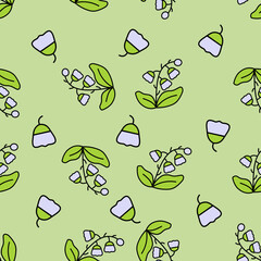Seamless lavender floral pattern with delicate bell flowers and green leaves on a soft pastel green background. Ideal for kids’ prints, wrapping paper, and nursery decor