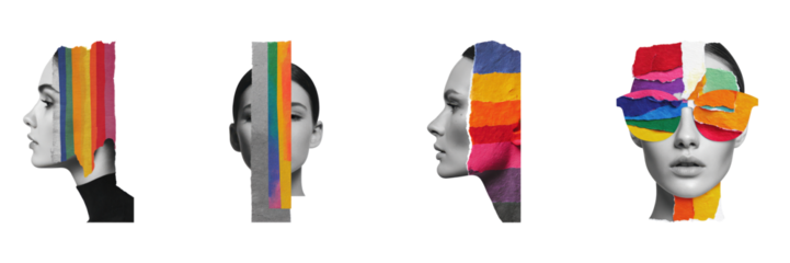 Colorful Abstract Portrait Cut-Out Set. Vibrant Retro Collage Art Collection Isolated On Transparent Background