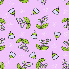 Seamless floral pattern with green leaves and lavender bell flowers on a soft pinkish lavender background. Perfect for nursery prints, fabric design, spring decor, and cute floral themes.