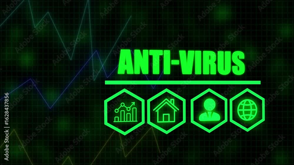 Poster anti-virus business concept on a flashing computer monitor with moving graphs and data. digital cand