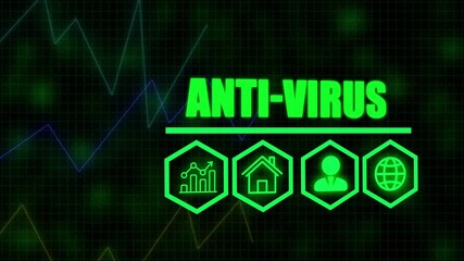Anti-Virus business concept on a flashing computer monitor with moving graphs and data. Digital candlestick financial market chart bars. Trading and investment, Abstract data graph for business - Powered by Adobe