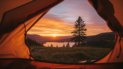 Looking out of a tent at a colorful sunset over a lake and rolling hills with trees