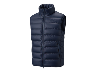 Navy blue puffer vest with zipper isolated on transparent background