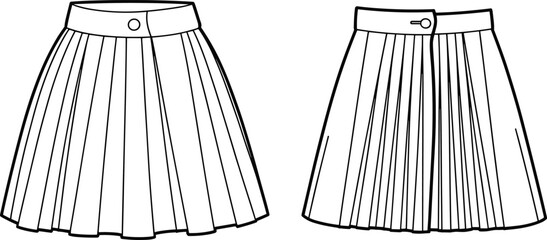 Cad drawing flat vector illustration, pleated skirt design, button waistband, overlapping front panel, fashion sketch, garment template, apparel flat, sewing pattern**