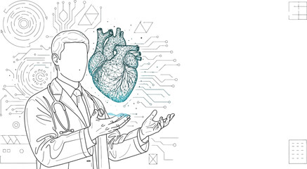 Doctor with Heart Scan and AI Technology on a Clean Background