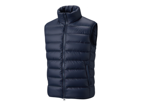 Navy blue puffer vest with zipper isolated on transparent background
