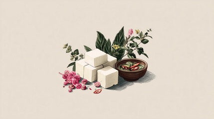 Minimalist illustration features tofu blocks, vibrant vegetables, and Thai herbs arranged artfully. composition exudes sense of freshness and simplicity, highlighting natural ingredients
