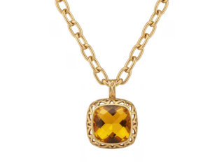 Elegant gold necklace with a large square amber gemstone isolated on transparent background