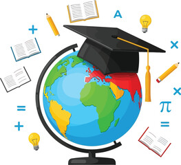 Global education with graduation cap on globe, books, and pencils