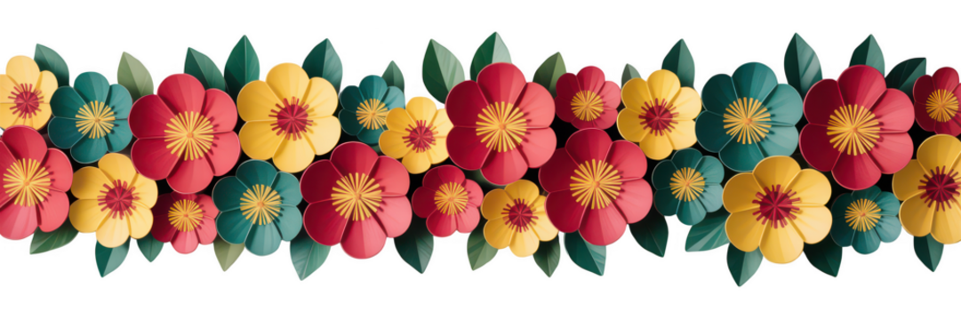Colorful floral border with vibrant petals and green leaves isolated on transparent background - Powered by Adobe