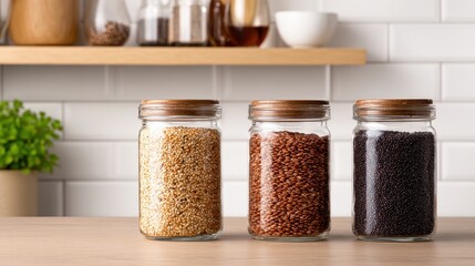 Three jars filled with various seeds displayed on a kitchen counter, with a plant and shelves in the background