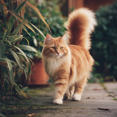 Fluffy orange long haired cat with bushy tail walks confidently on garden path, surrounded by lush green plants. scene is serene and natural, capturing cat graceful movement