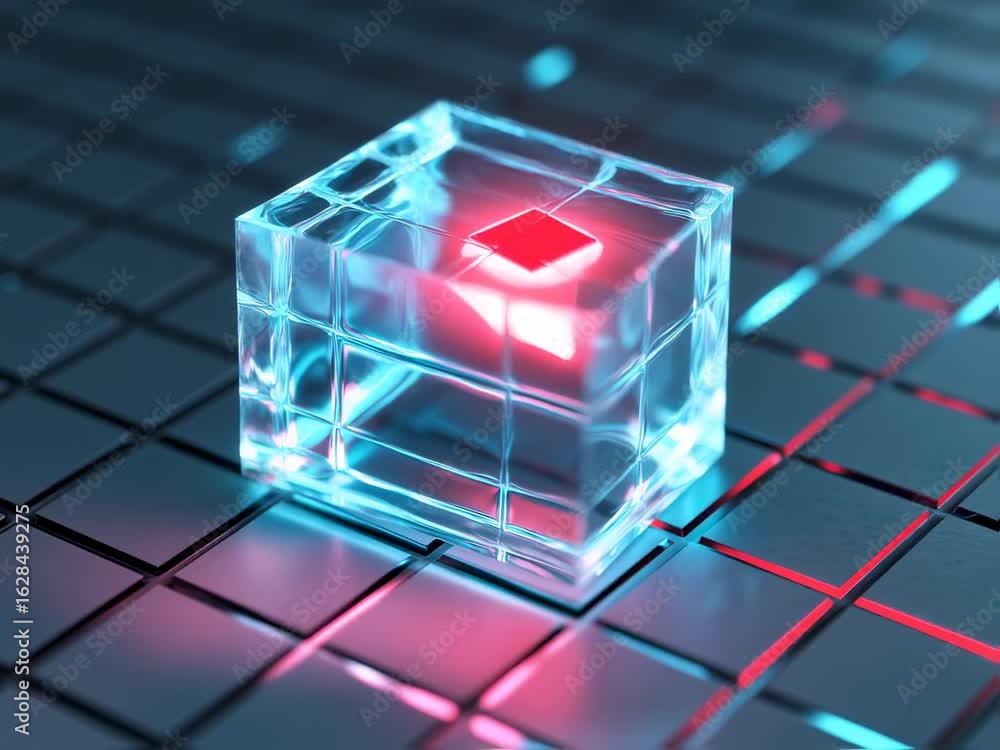 Poster crystal cube with red core: a futuristic data storage or processing technology concept