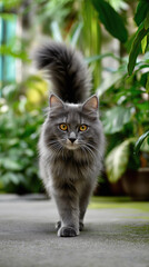 Fluffy gray cat with striking yellow eyes confidently walks on garden path, surrounded by lush green plants, creating serene and natural atmosphere