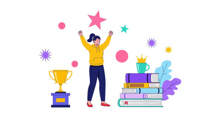 A cheerful woman celebrating educational success and victory. Flat vector illustration of a student with a trophy and books, symbolizing achievement.