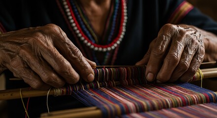 Close-up of aged hands skillfully weaving colorful threads on a loom.