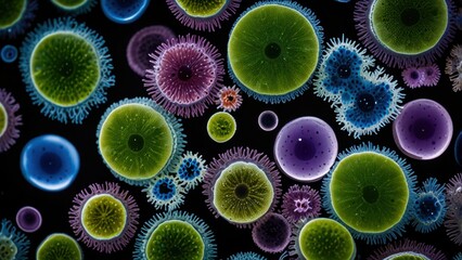 Macro Science Texture Background with Green and Purple Algae Cell Formations

