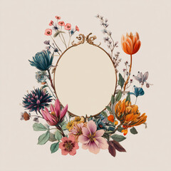 Decorative floral frame with vibrant watercolor flowers surrounds empty oval space, perfect for adding text or image. arrangement includes various blossoms and leaves, creating elegant