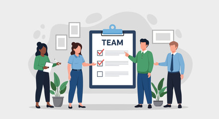 Fototapeta premium Collaborative effort of a business team checking tasks on a large clipboard, symbolizing project management and teamwork.