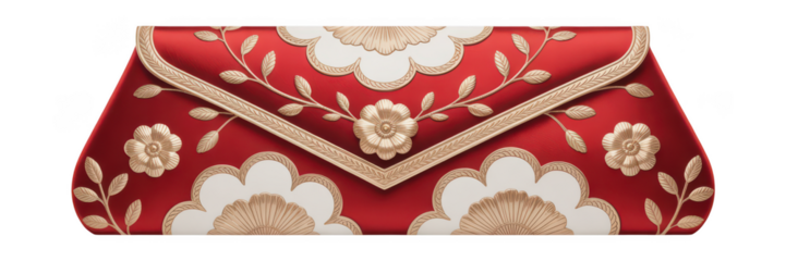 Elegant red embroidered clutch bag with intricate floral designs isolated on transparent background