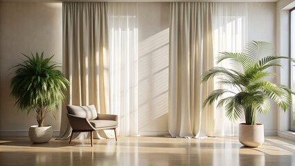 Serene Minimalist Living Room: Beige Armchair, Sunlight, Greenery, and Sheer Curtains.