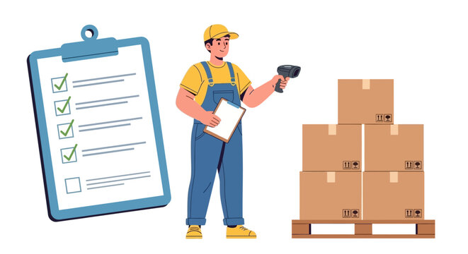 Warehouse worker scanning cardboard boxes on a pallet for inventory management, with a large checklist symbolizing order fulfillment and logistics.