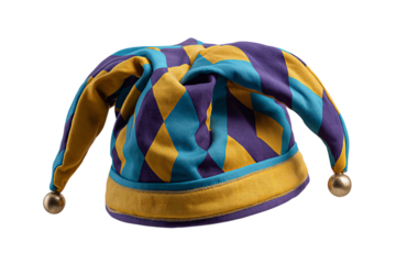 Colorful jester hat with a pointy brim, isolated on a transparent background in PNG format.