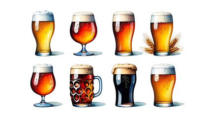 Variety of Beer Glasses with Different Styles and Colors isolated on White Background perfect for Brewery Designs and Advertising