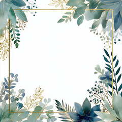 Elegant watercolor floral frame with green and gold leaves, creating sophisticated border design. delicate foliage and subtle colors evoke sense of tranquility and natural beauty
