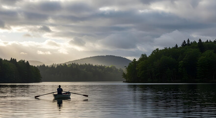Man rowing boat on lake with forest background under cloudy sky and sun rays.
