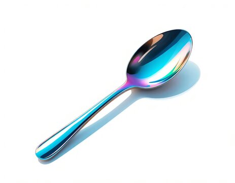 colorful titanium plated stainless steel spoon with iridescent rainbow finish on white background
