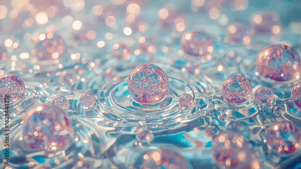 Poster macro view of iridescent water droplets with bokeh and ripples close-up