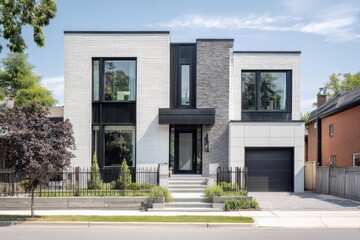 Newly constructed modern house featuring a sleek design and spacious layout located in a tranquil suburban neighborhood under a clear blue sky