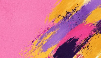 Abstract painting with bold, textured brushstrokes in vibrant hues of pink, yellow, purple, and dark tones