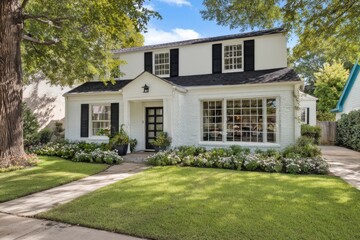 A delightful white brick house adorned with elegant black shutters stands proudly amidst a beautifully maintained garden, basking in the sunshine.