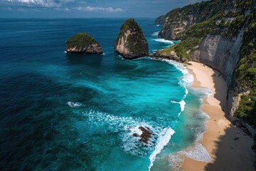 Aerial view of a secluded cove with two majestic limestone islands, a pristine sandy beach, and vibrant turquoise water lapping gently on the shore, under a partly cloudy sky