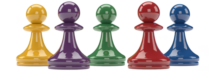 Five colorful chess pawns isolated on transparent background