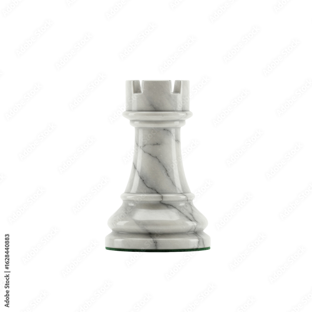 Poster a polished white marble chess rook with subtle veining and a classic turreted design, presented on a