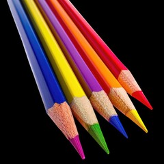 Five vibrant colored pencils, angled, sharply pointed, against a black background, showcasing their saturated hues and detailed wood grain