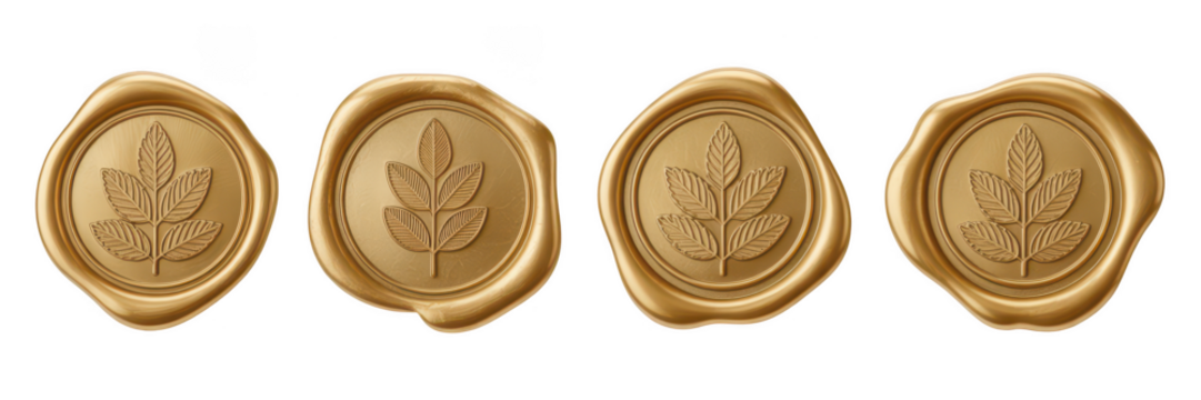Four ornate golden wax seals with botanical emblems isolated on transparent background