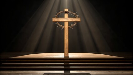 Wooden cross with crown of thorns on stepped platform