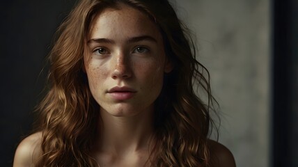 Authentic beauty portrait of a natural young woman with thoughtful eyes and soft lighting, conveying a sense of calm introspection and genuine emotion