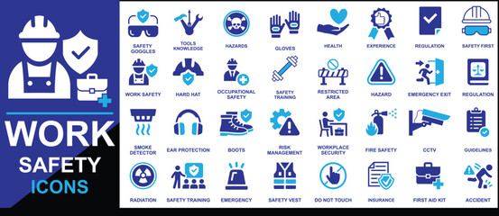 Work safety icons set vector design, Work safety logo icons vector drawing, Safety equipment vector drawing.