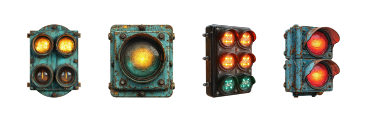 Vintage Traffic Lights Collection. Industrial Design And Urban Aesthetics Isolated On Transparent Background