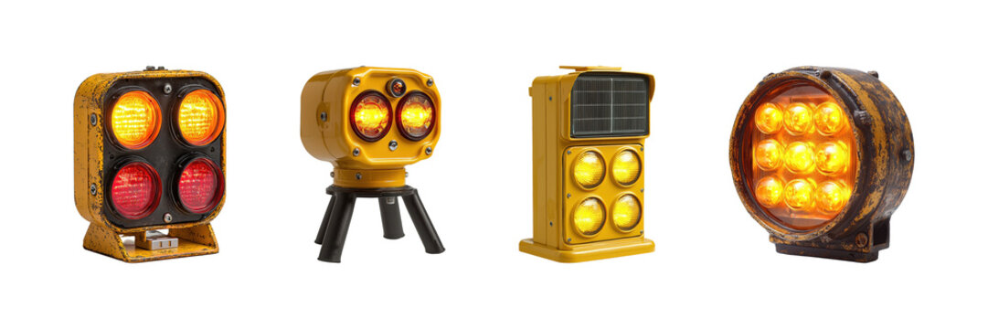 Vintage Industrial Signal Lights Collection. Retro Traffic And Warning Lights For Safety And Navigation Isolated On Transparent Background
