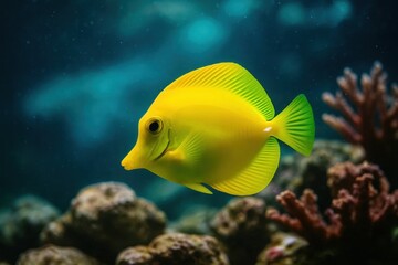 A lone yellow clownfish swims gracefully amongst coral reefs in a deep blue ocean
