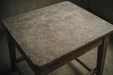 An old wooden table with a worn surface stands in a dimly lit room, its weathered texture telling tales of time