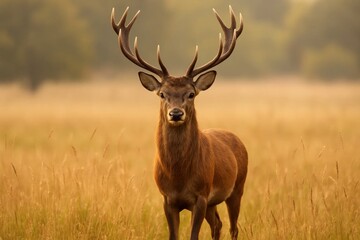 Obraz premium A majestic red deer stands tall in a golden field, its gaze meeting ours as it surveys the tranquil wilderness