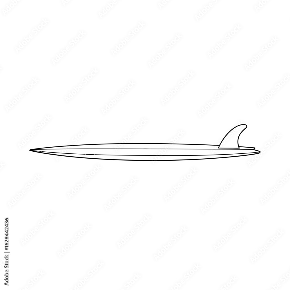 Poster a simple line drawing of a surfboard with a fin on a white background view