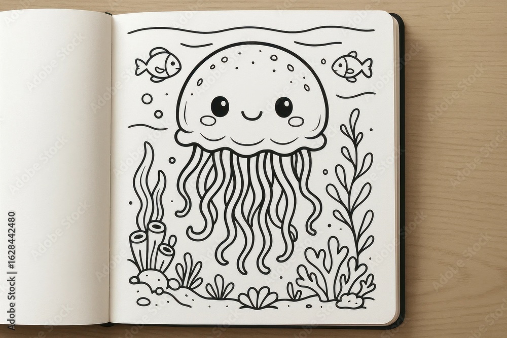 Poster a whimsical underwater scene featuring a cheerful jellyfish with tentacles trailing through the wate